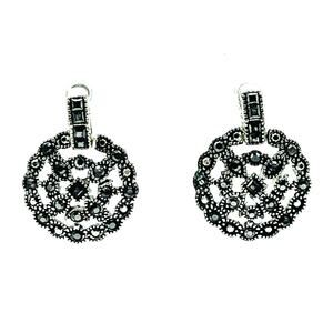Silver Tone Marcasite Round Mandela Filigree Drop Dangle Earrings Posts 1"